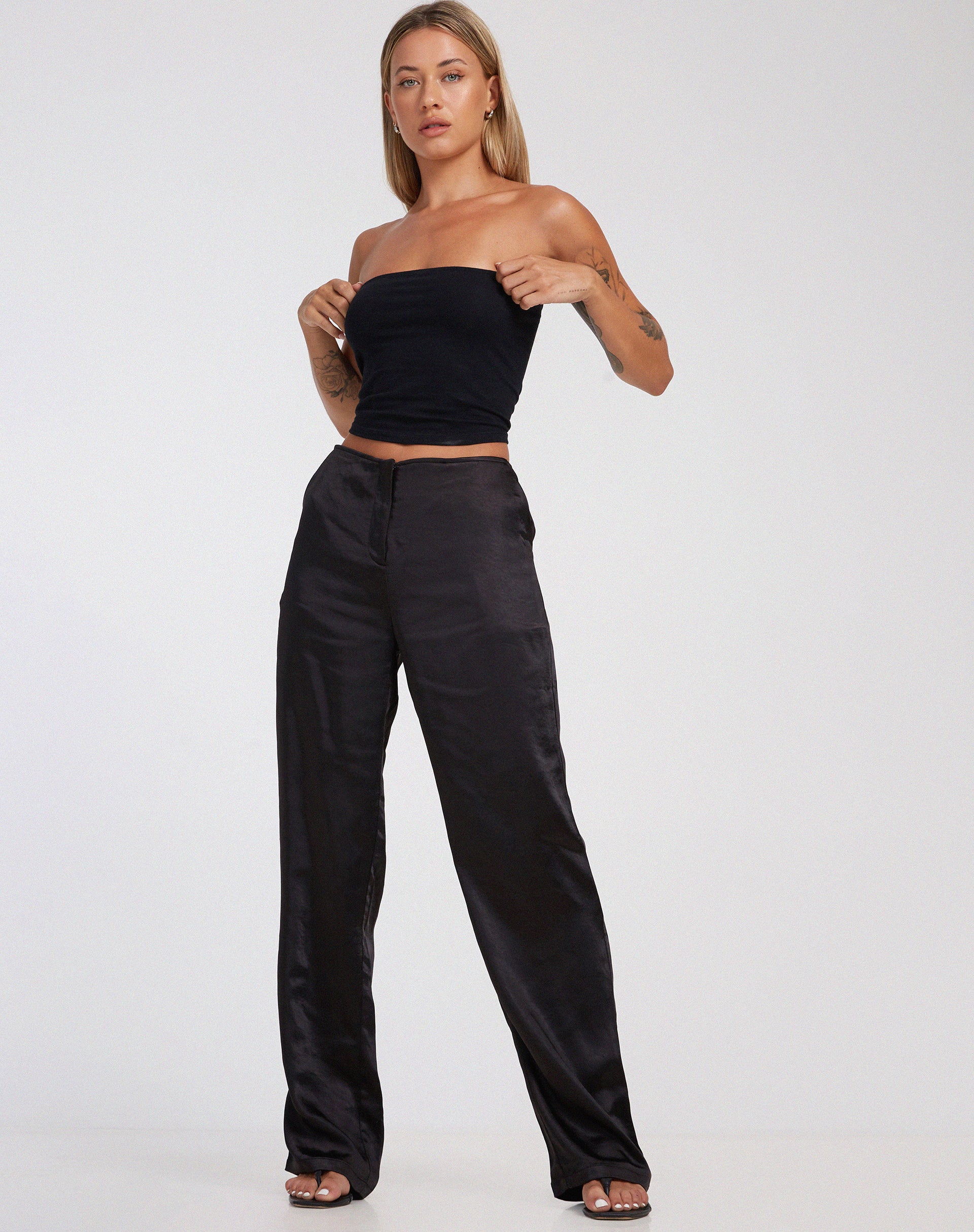 Akuna Wide Leg Trousers in Satin Black-Nico Sky