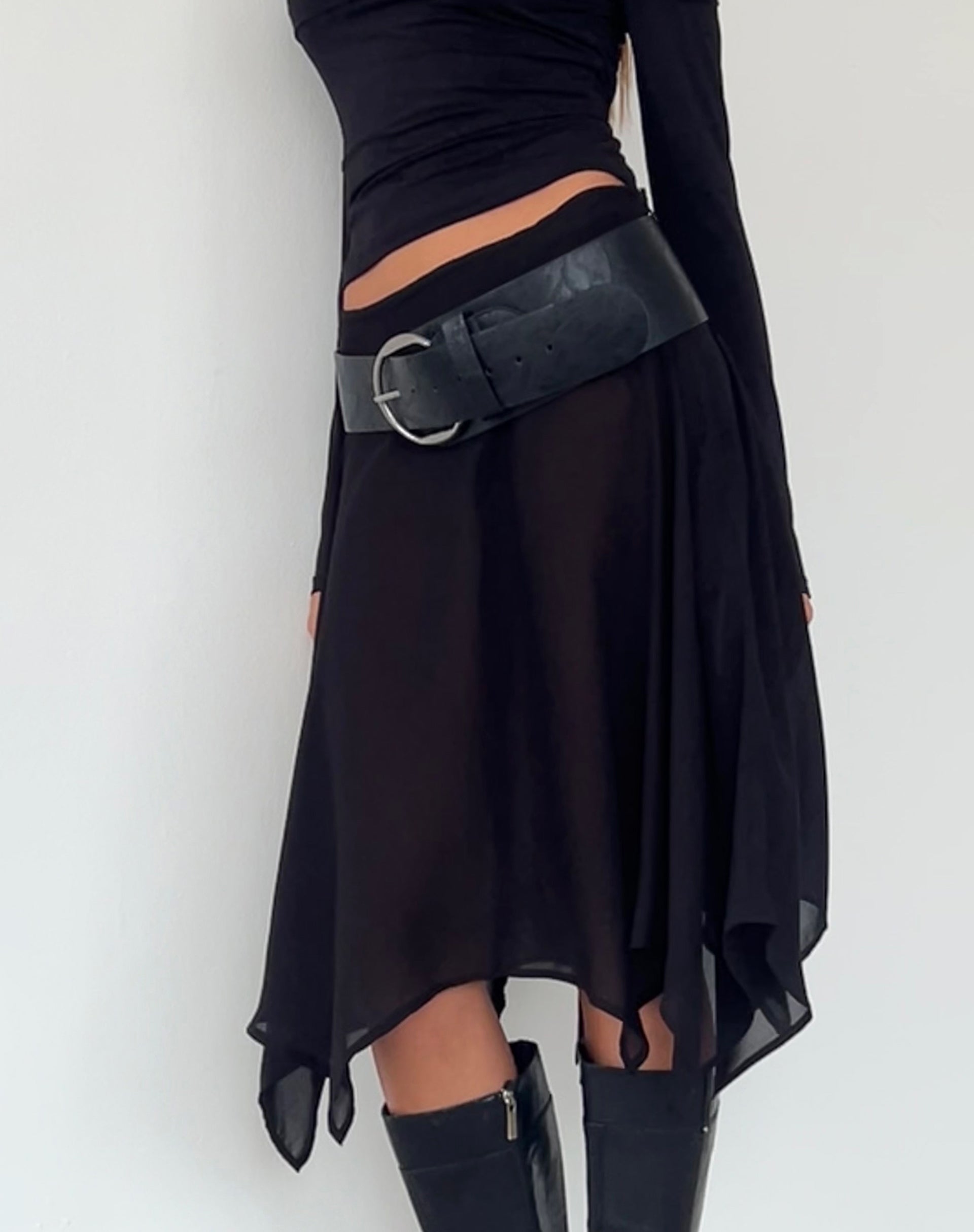Albertha Midi Skirt in Chiffon Black-Nico Sky