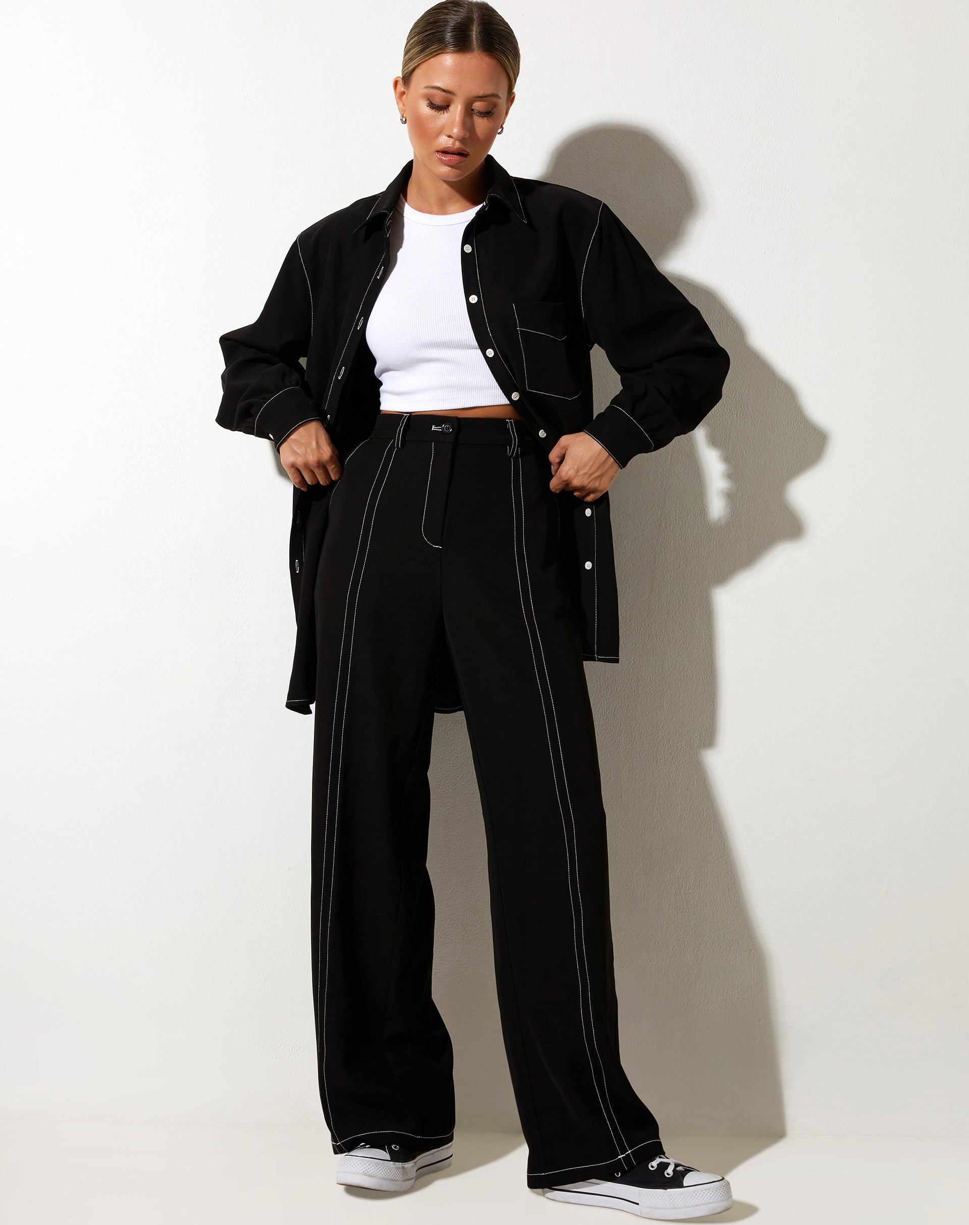 Albus Trouser in Black with White Stitch-Nico Sky