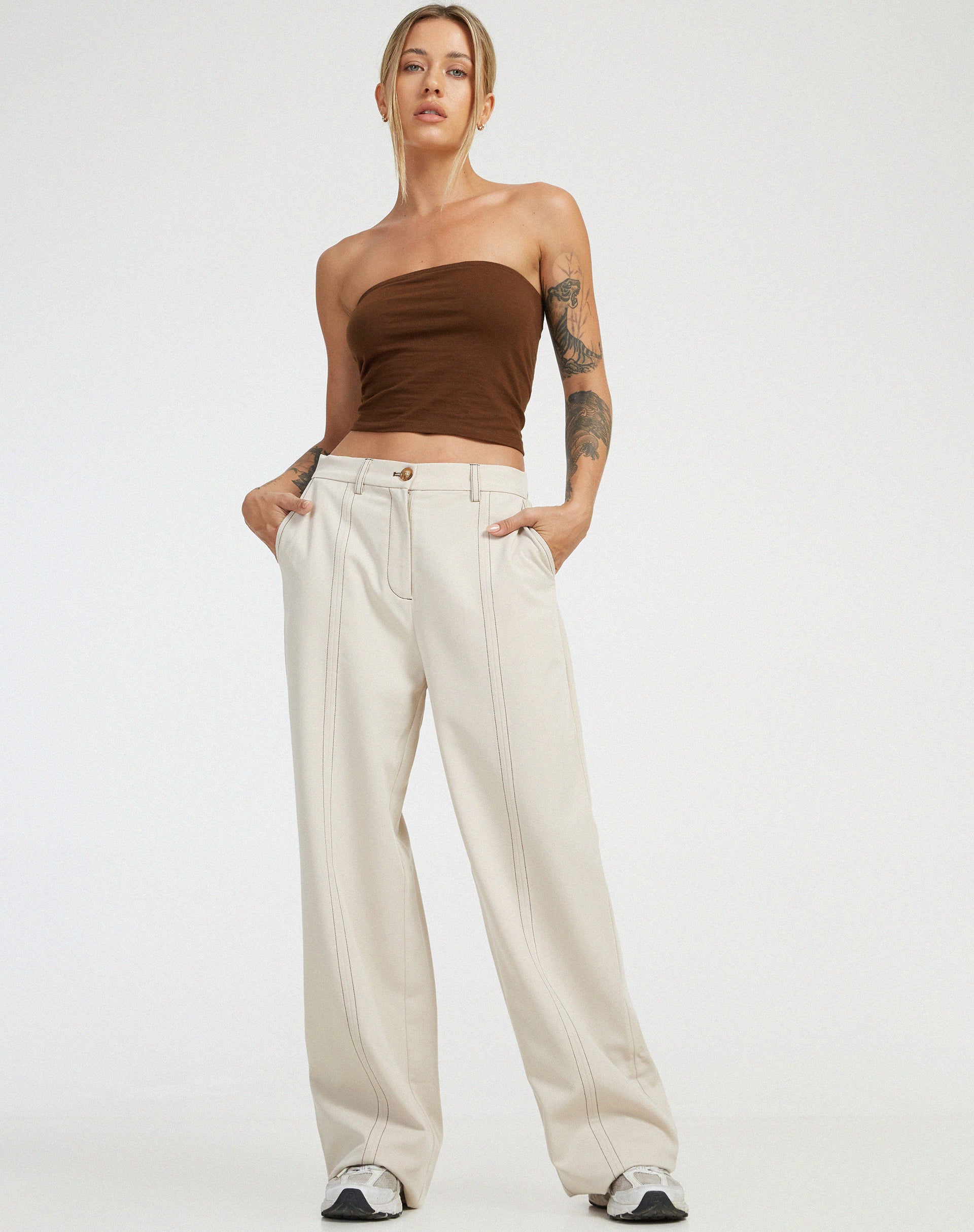 Albus Trouser in Ecru Brown Stitch-Nico Sky