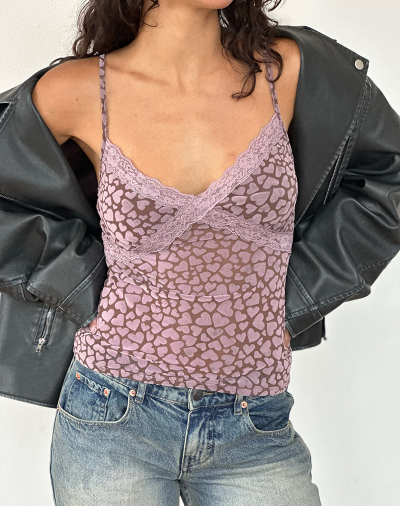 Alcesta Top in Brown Flock Mesh with Pink Heart Print-Nico Sky