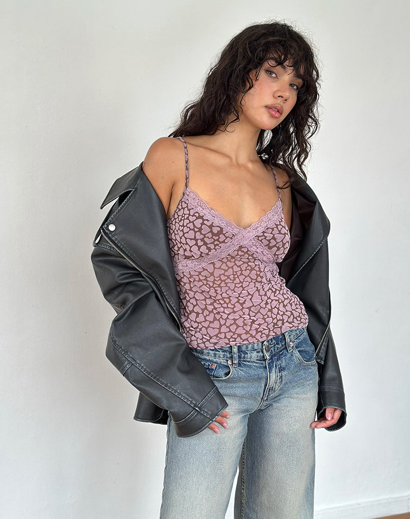 Alcesta Top in Brown Flock Mesh with Pink Heart Print-Nico Sky