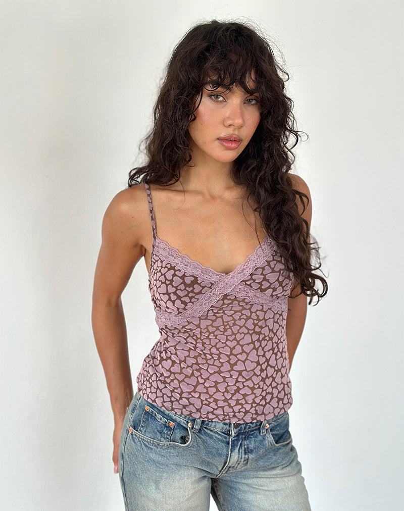 Alcesta Top in Brown Flock Mesh with Pink Heart Print-Nico Sky