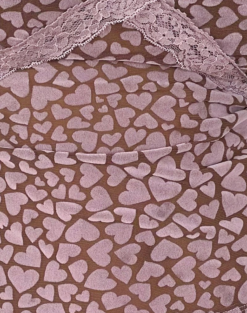 Alcesta Top in Brown Flock Mesh with Pink Heart Print-Nico Sky