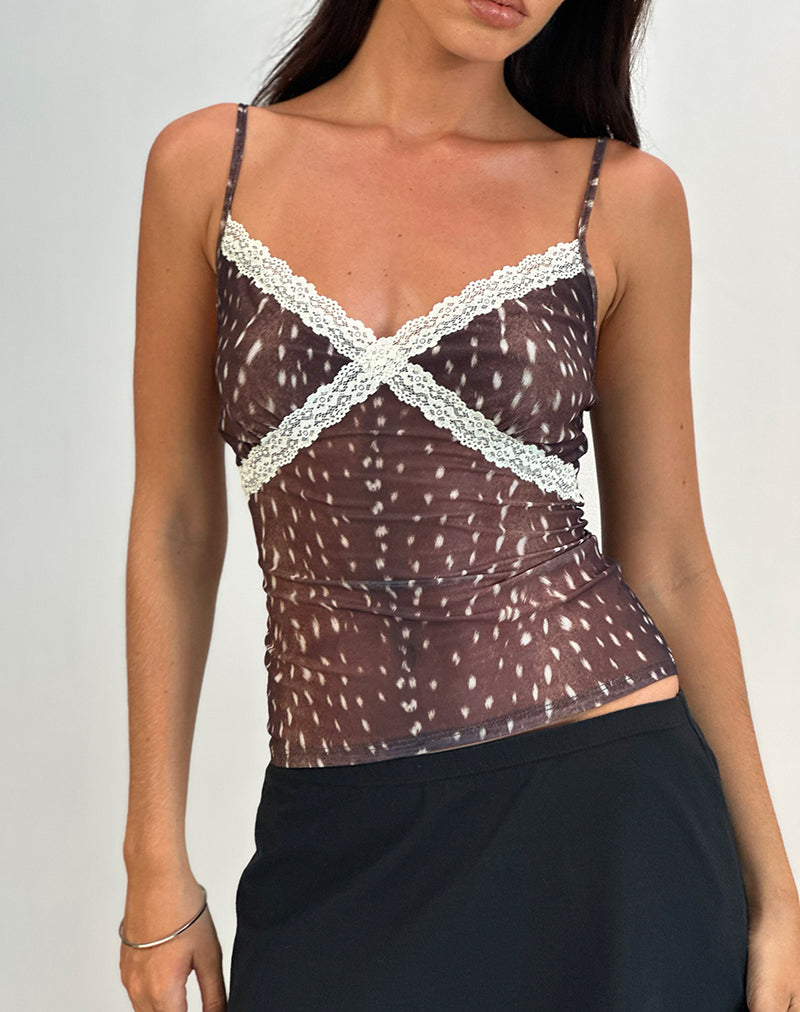 Alcesta Cami Top in Mesh Deer Print Brown-Nico Sky