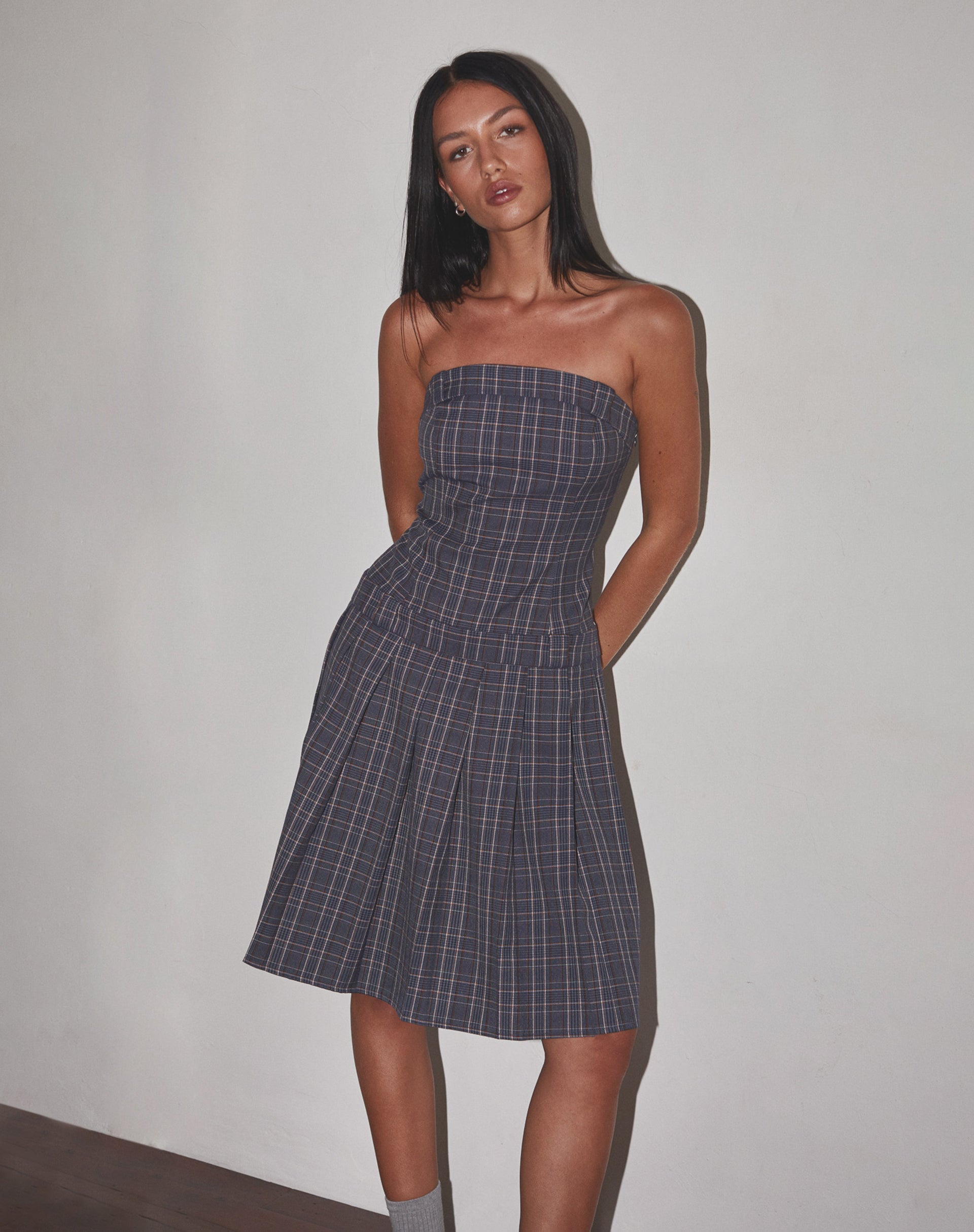 Aldari Bandeau Midi Dress Tailoring Navy Check-Nico Sky