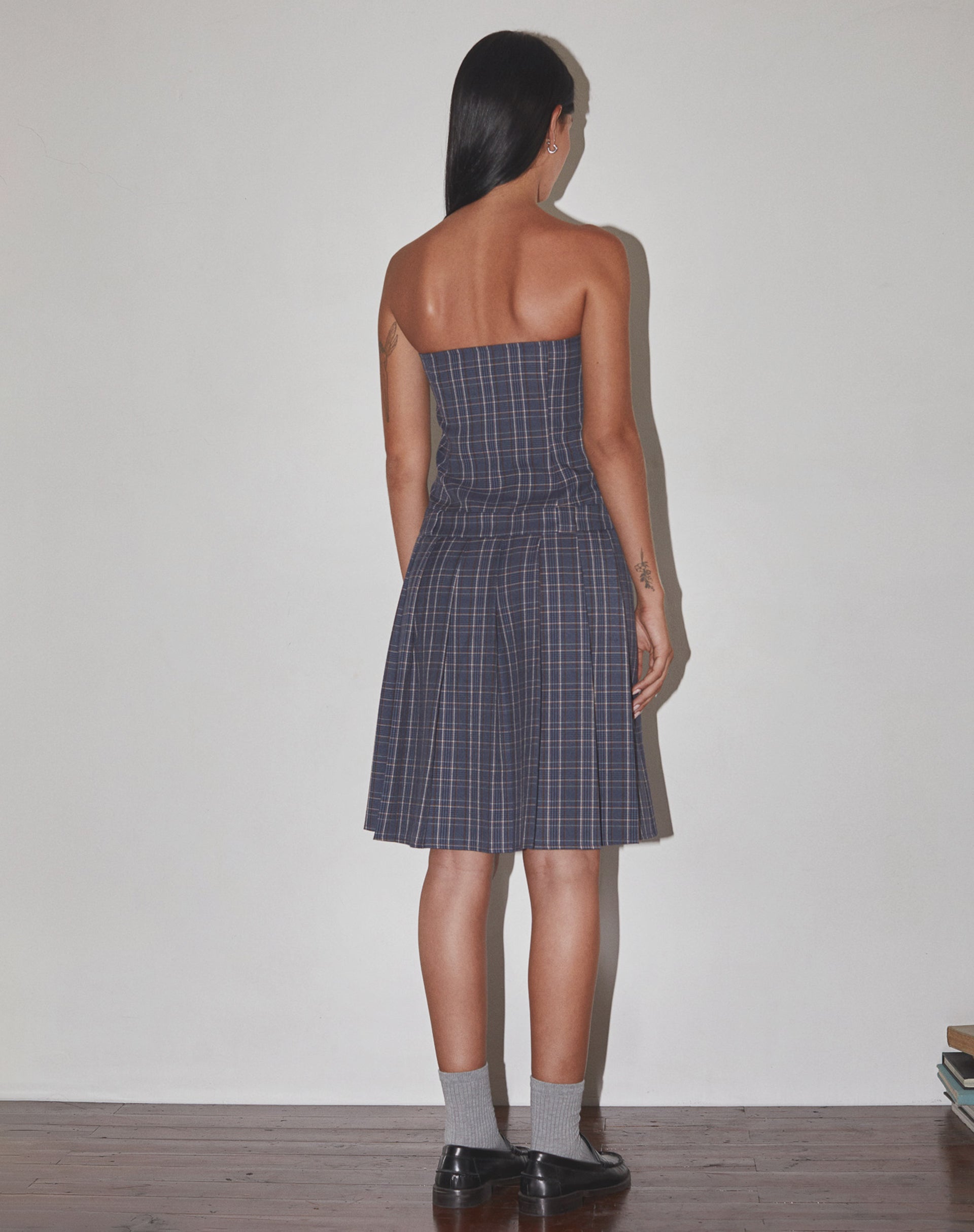 Aldari Bandeau Midi Dress Tailoring Navy Check-Nico Sky