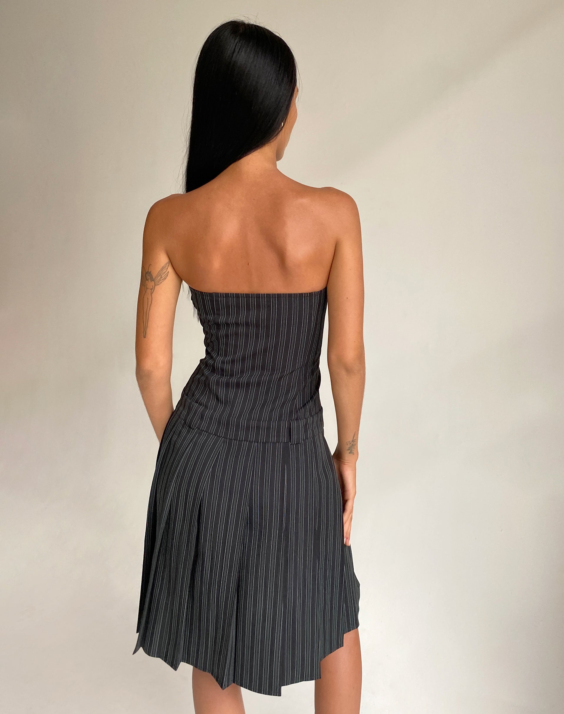 Aldari Bandeau Midi Dress in Tailoring Black Pinstripe-Nico Sky