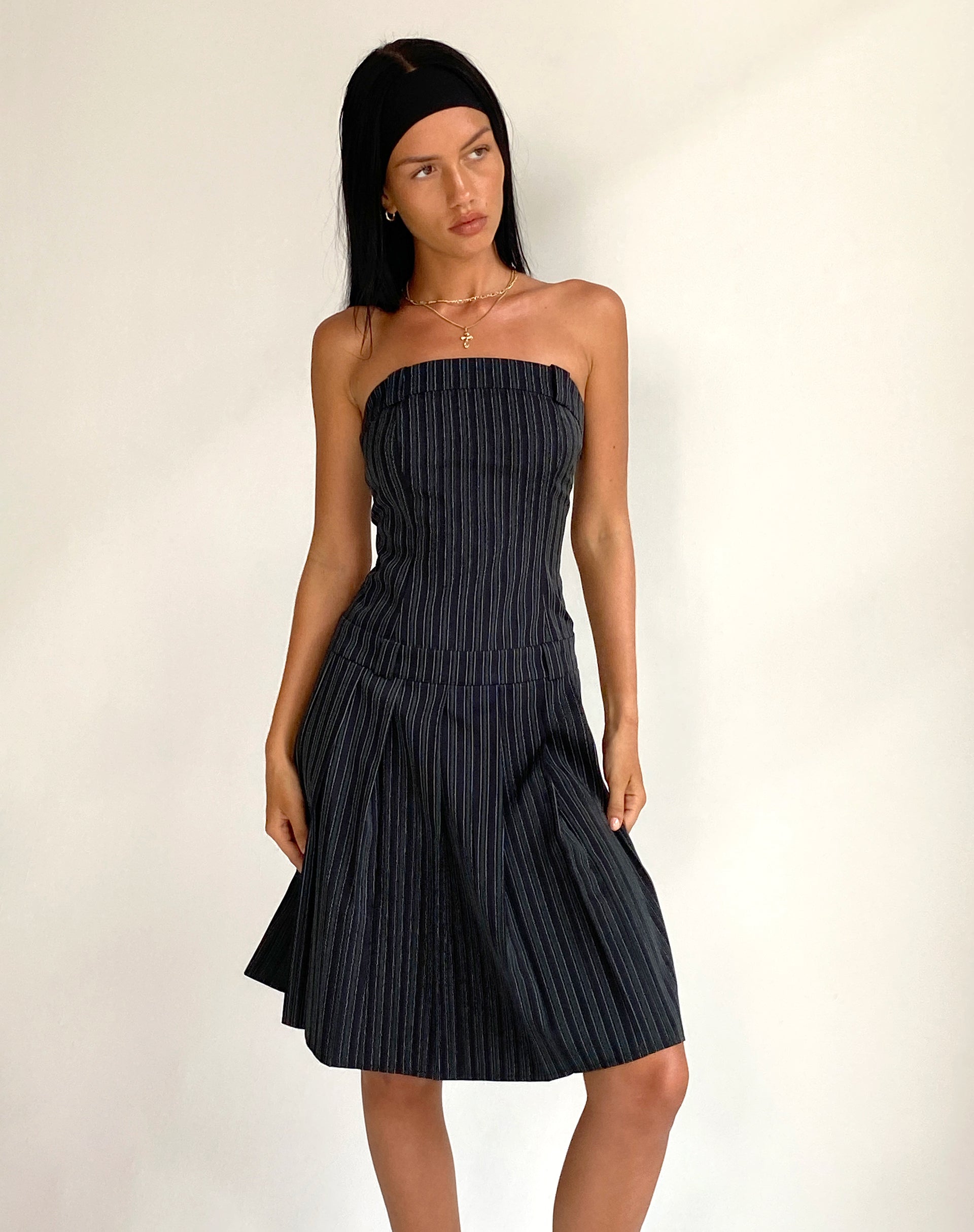 Aldari Bandeau Midi Dress in Tailoring Black Pinstripe-Nico Sky