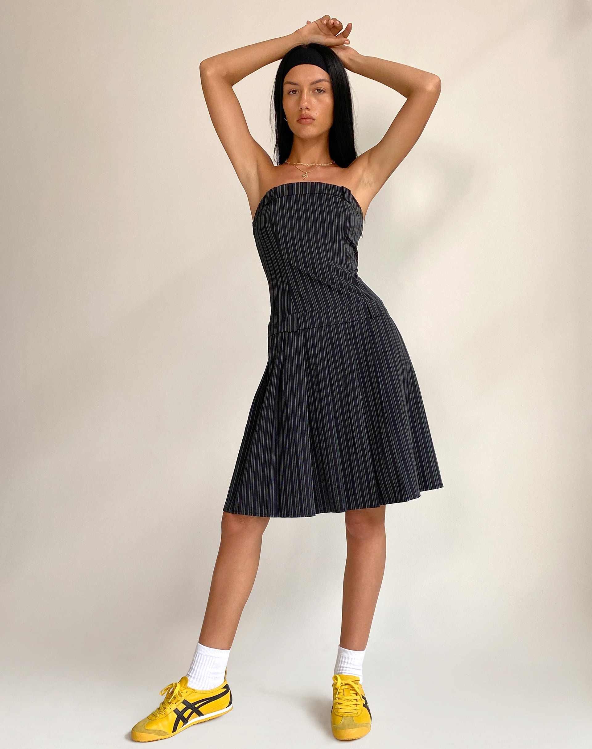 Aldari Bandeau Midi Dress in Tailoring Black Pinstripe-Nico Sky