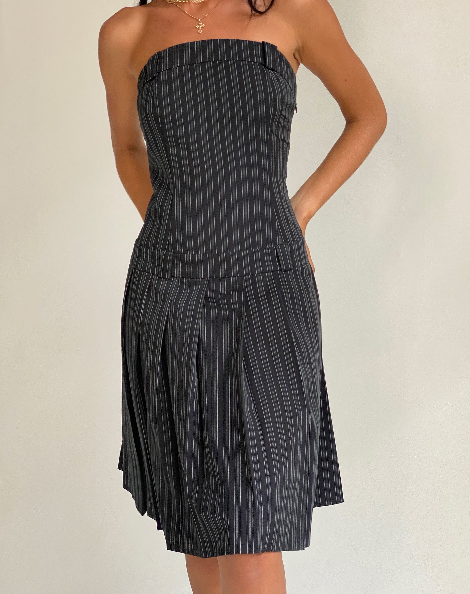 Aldari Bandeau Midi Dress in Tailoring Black Pinstripe-Nico Sky