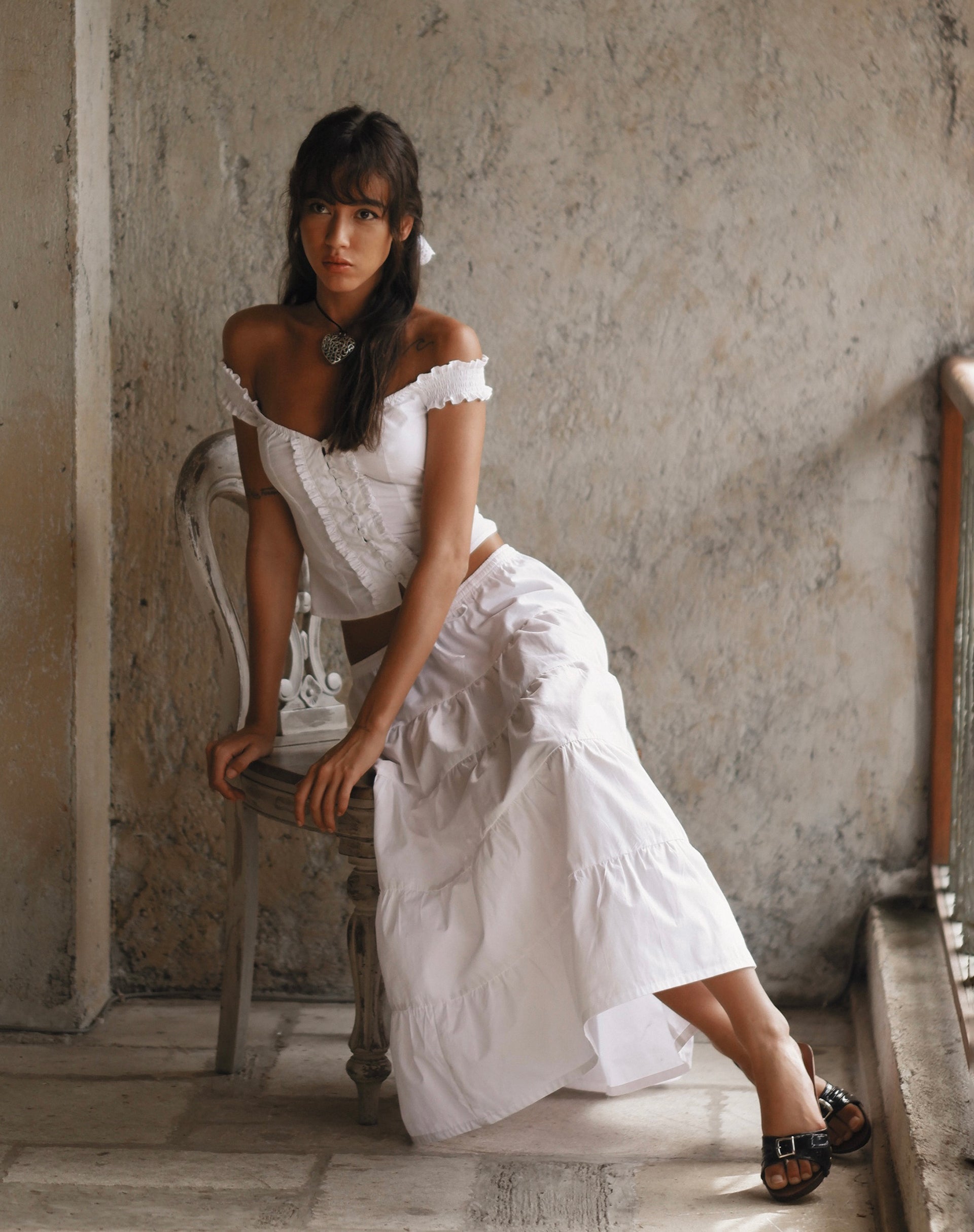 Izumi Tiered Midi Skirt in Poplin White-Nico Sky