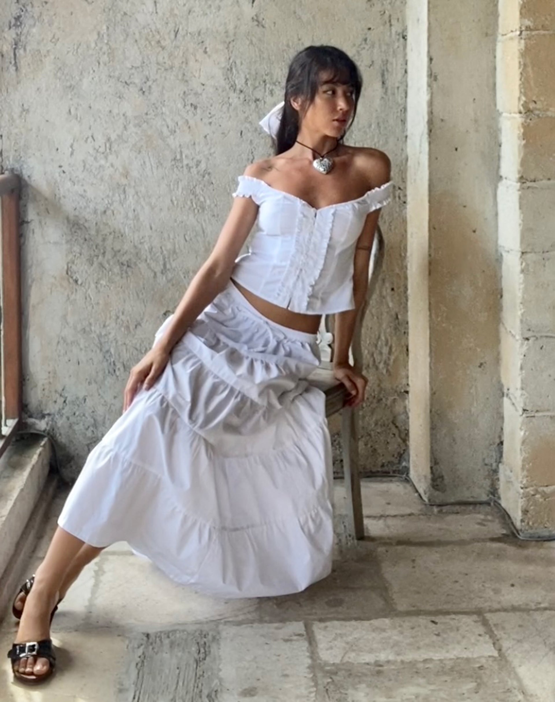 Alderidge Bardot Corset Top in White-Nico Sky