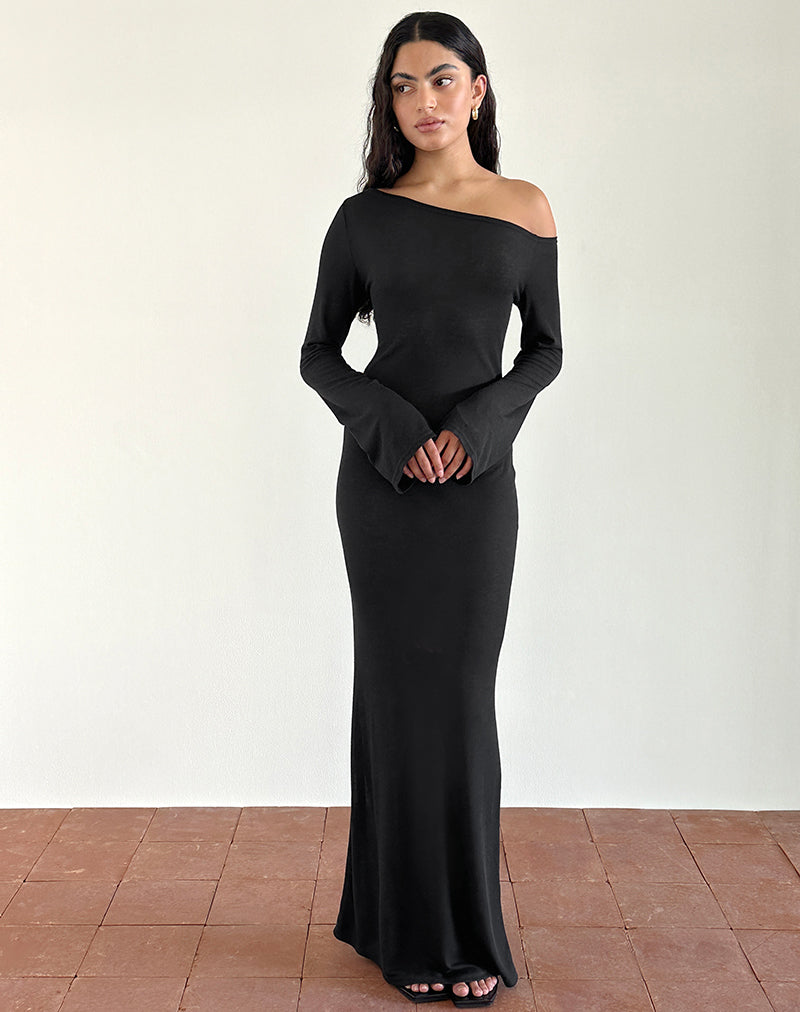 Aldiana Long Sleeve Asymmetric Maxi Dress in Sheer Knit Black-Nico Sky
