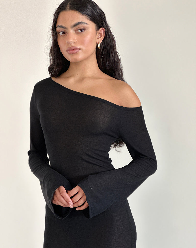 Aldiana Long Sleeve Asymmetric Maxi Dress in Sheer Knit Black-Nico Sky