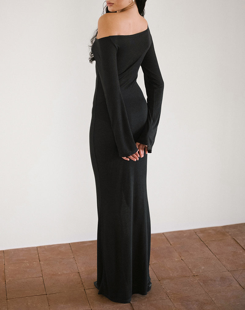 Aldiana Long Sleeve Asymmetric Maxi Dress in Sheer Knit Black-Nico Sky