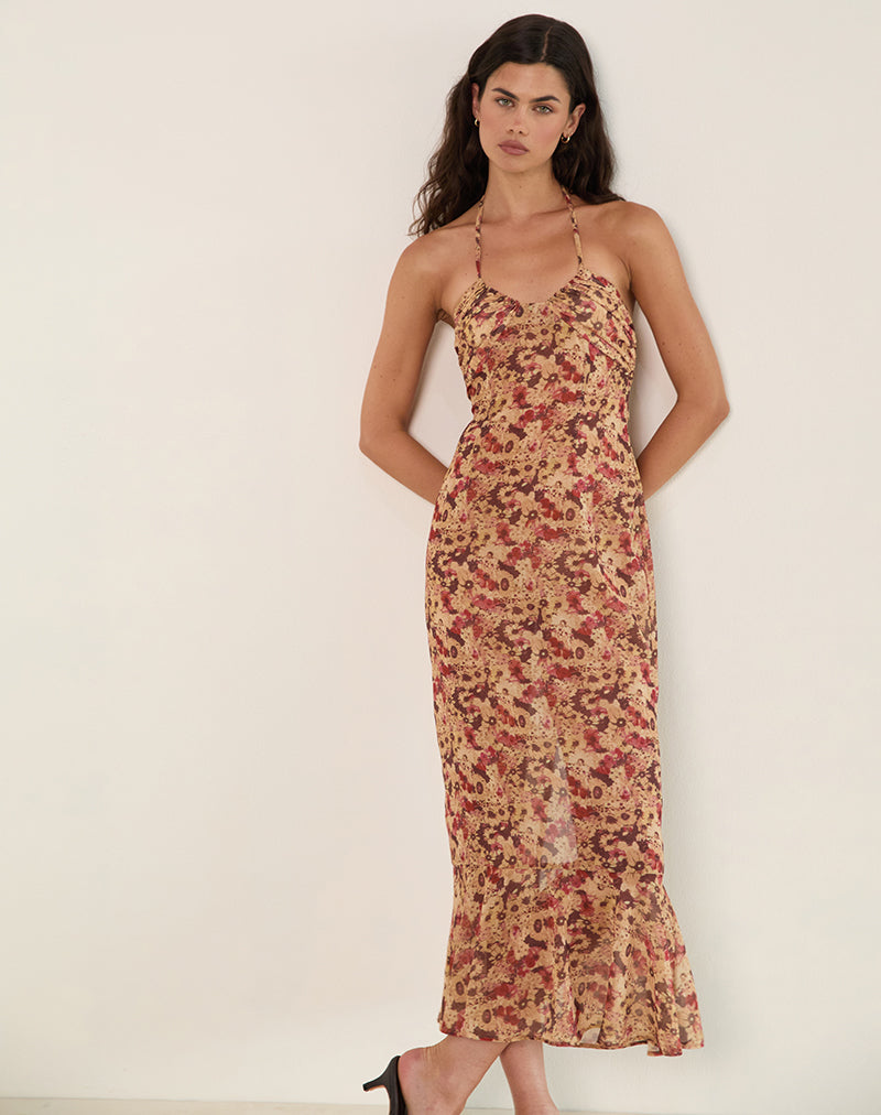 Alette Halterneck Maxi Dress in Chiffon Rusty Flower-Nico Sky