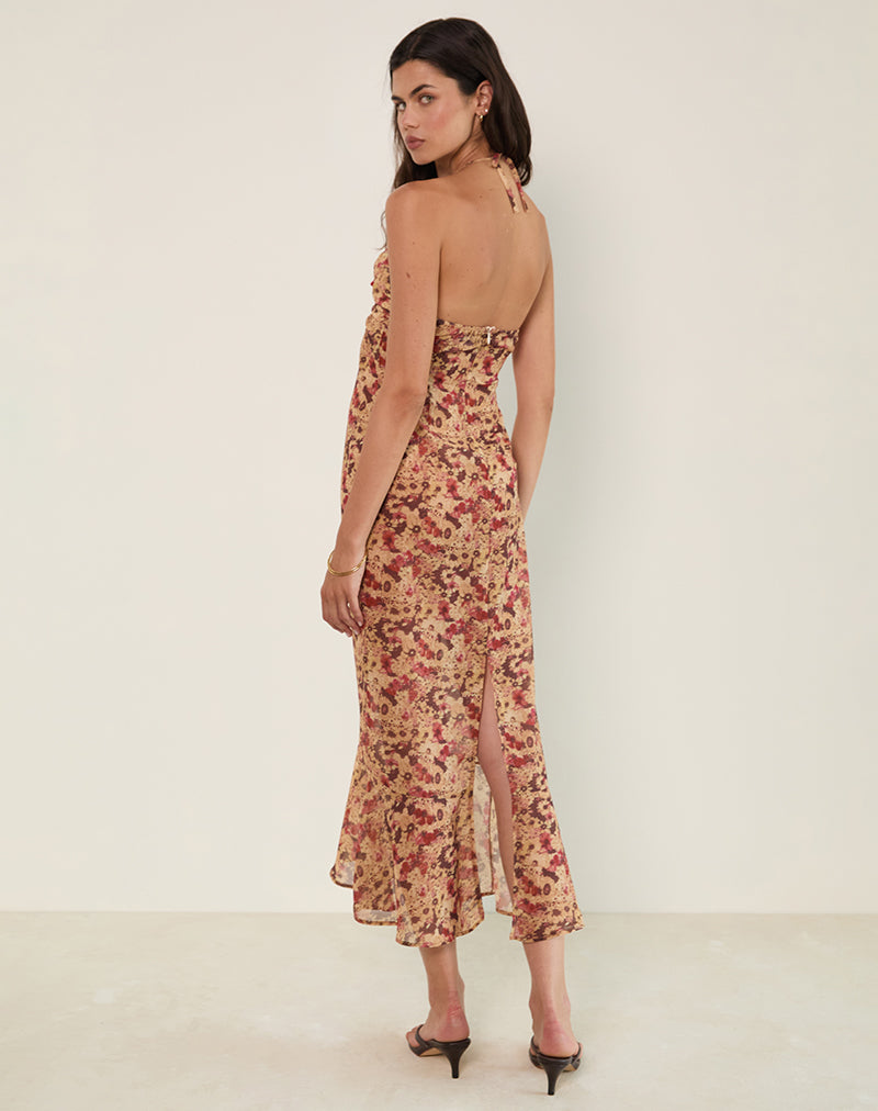 Alette Halterneck Maxi Dress in Chiffon Rusty Flower-Nico Sky