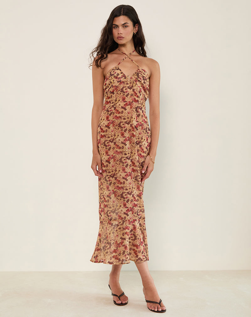 Alette Halterneck Maxi Dress in Chiffon Rusty Flower-Nico Sky