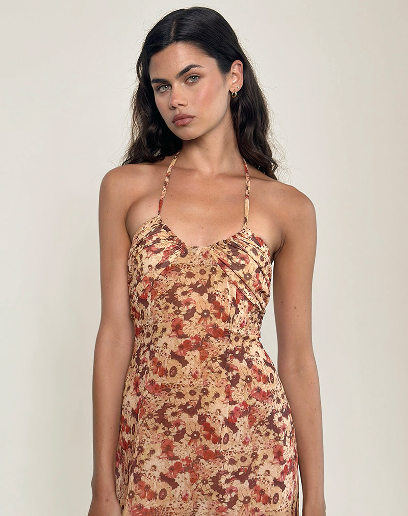 Alette Halterneck Maxi Dress in Chiffon Rusty Flower-Nico Sky