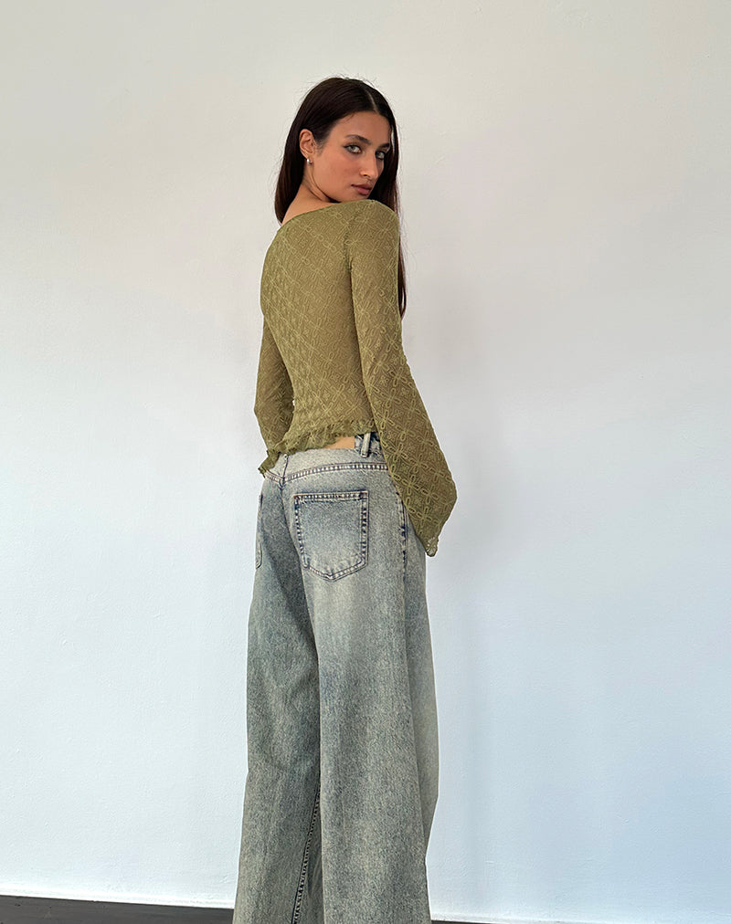 Allegra Long Sleeve Top in Textured Moss Green Lace-Nico Sky