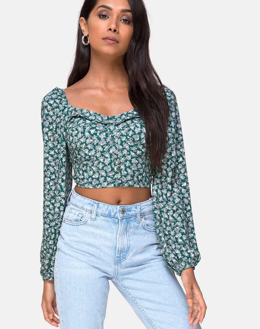 Alor Crop Top in Floral Bloom Green-Nico Sky