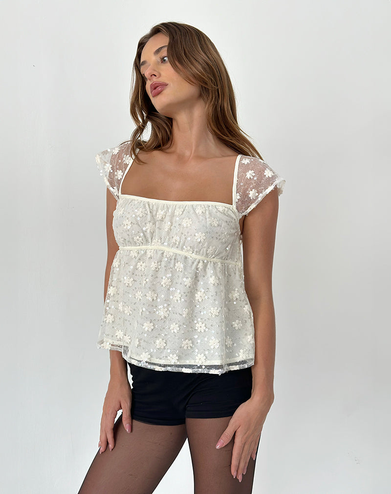 Aloysia Top in Sequin Lace Ivory-Nico Sky