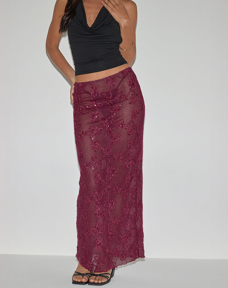Alphia Maxi Skirt in Sequin Knit Burgundy-Nico Sky