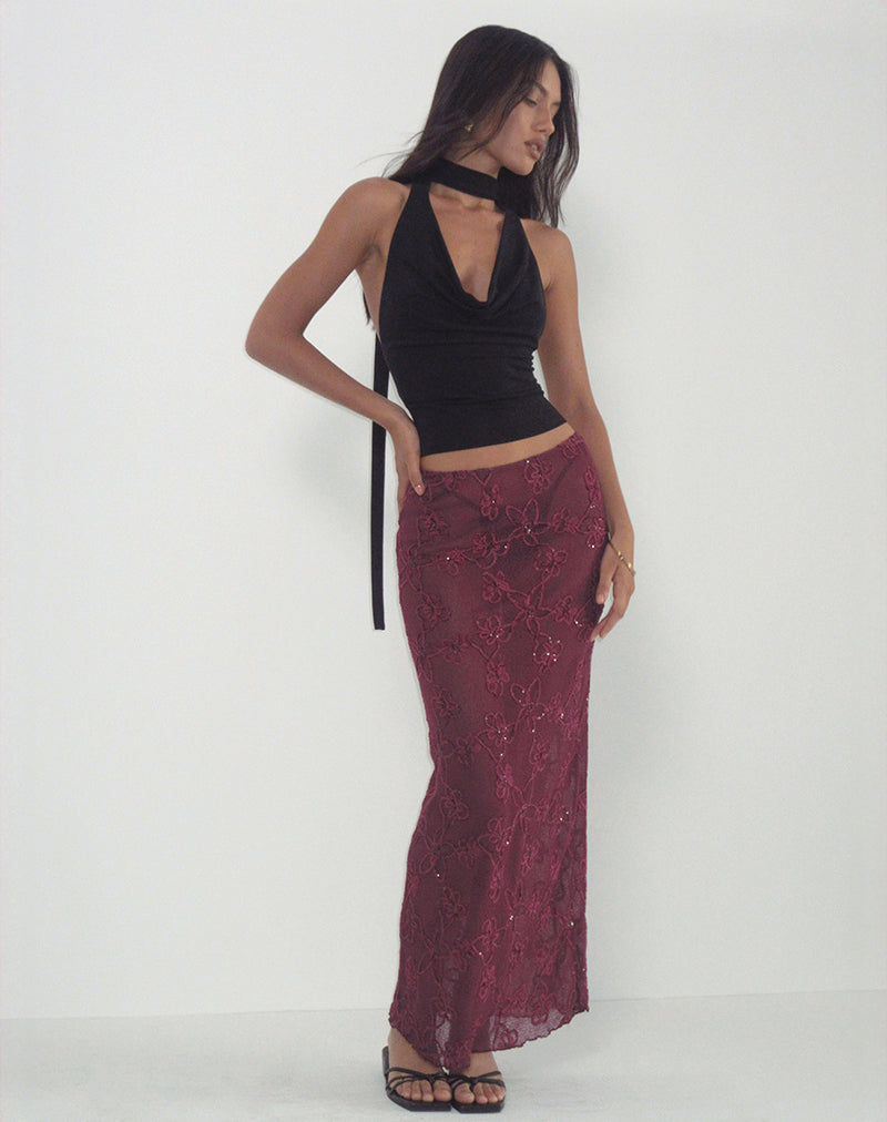 Alphia Maxi Skirt in Sequin Knit Burgundy-Nico Sky