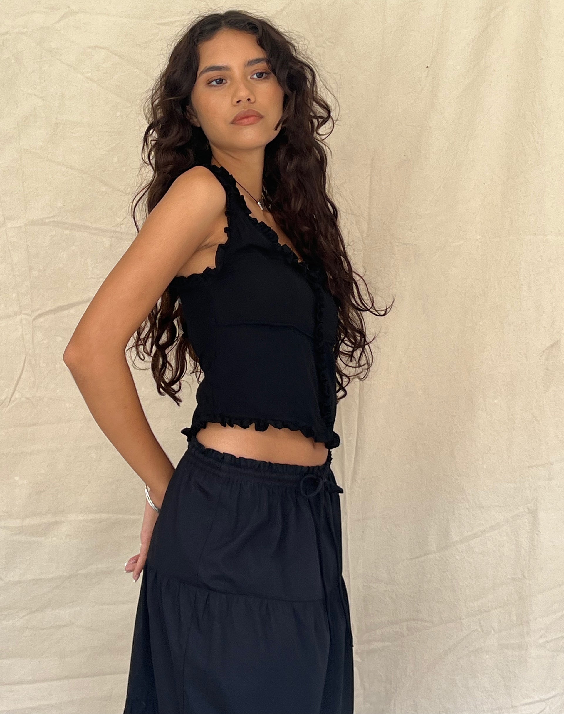 Alsa Ruffle Edge Top in Black-Nico Sky