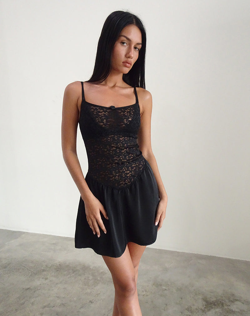 Alunan Slip Dress in Satin Lace Black-Nico Sky
