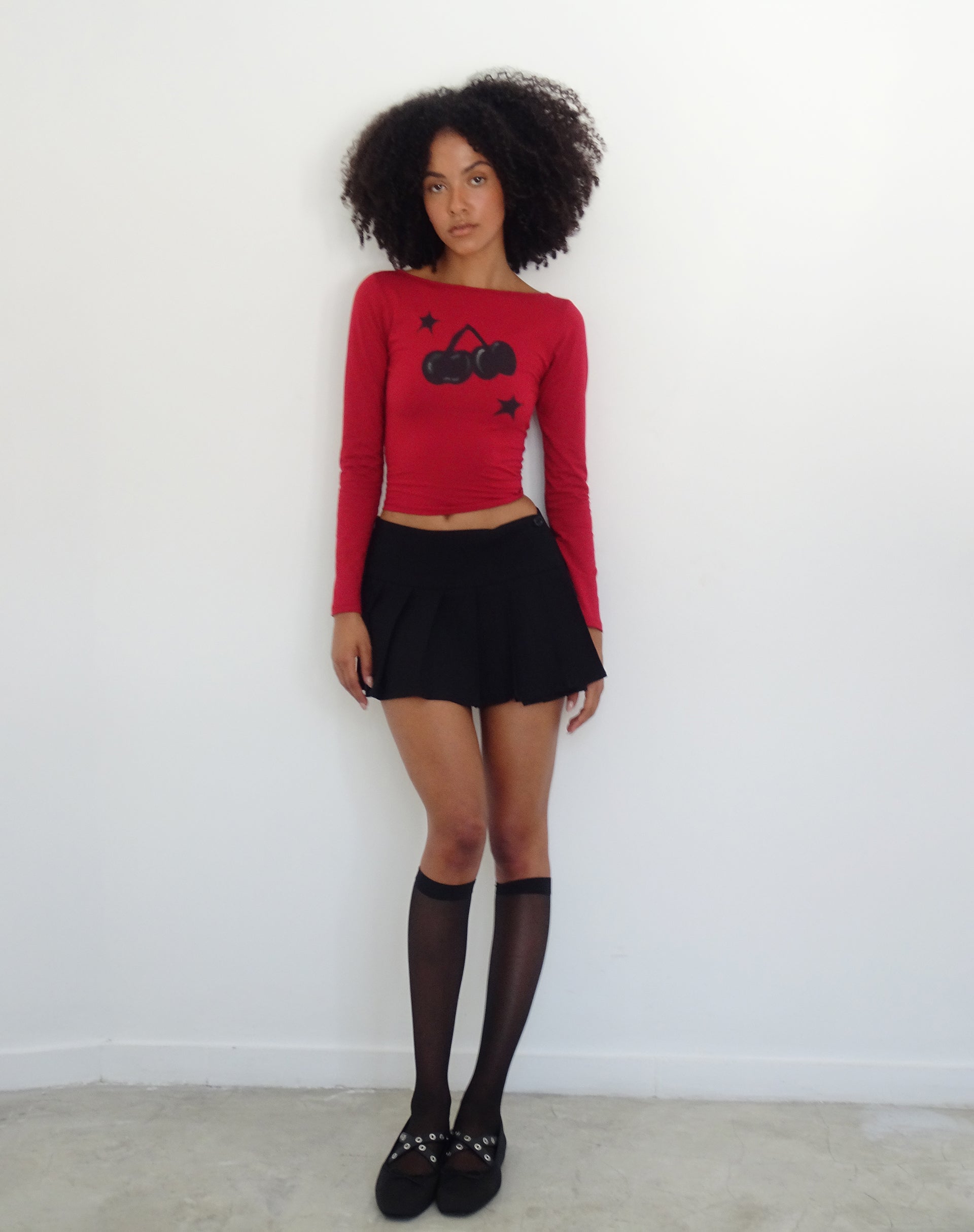 Amabon Long Sleeve Top in Adrenalin Red with Cherry Print-Nico Sky
