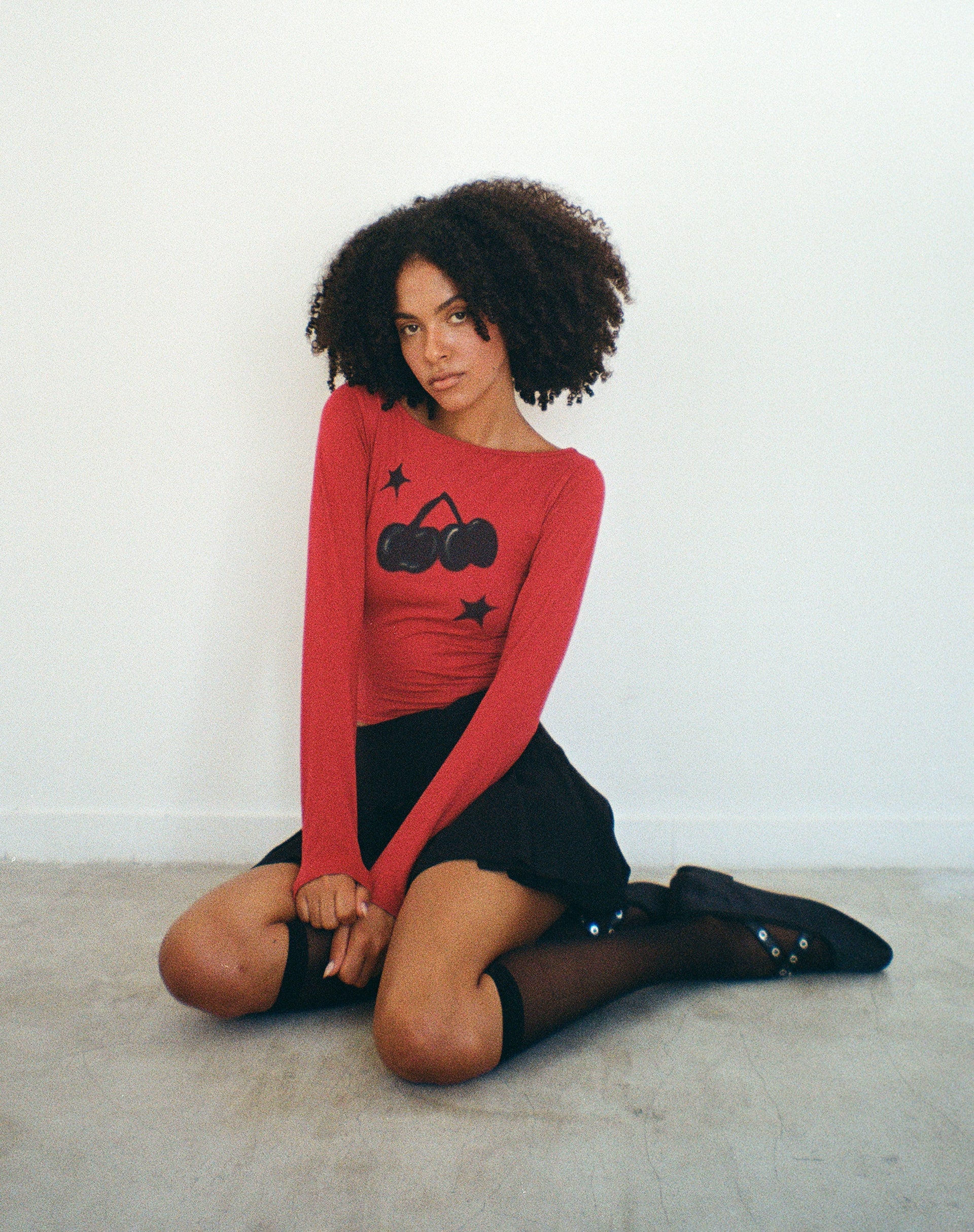 Amabon Long Sleeve Top in Adrenalin Red with Cherry Print-Nico Sky