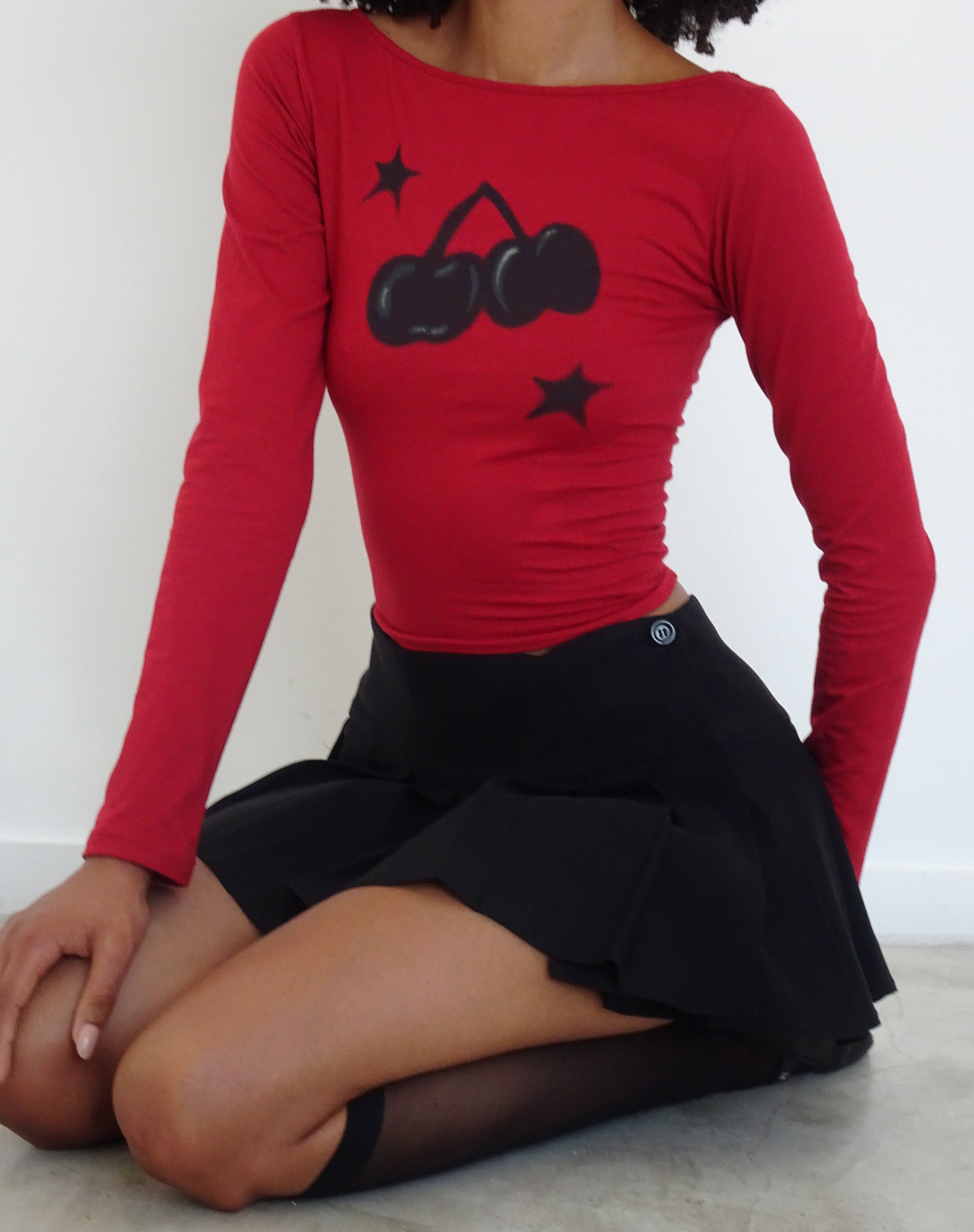Amabon Long Sleeve Top in Adrenalin Red with Cherry Print-Nico Sky