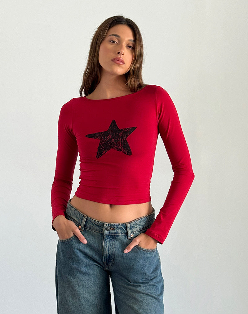 Amabon Long Sleeve Top in Adrenaline Red with Black Star-Nico Sky