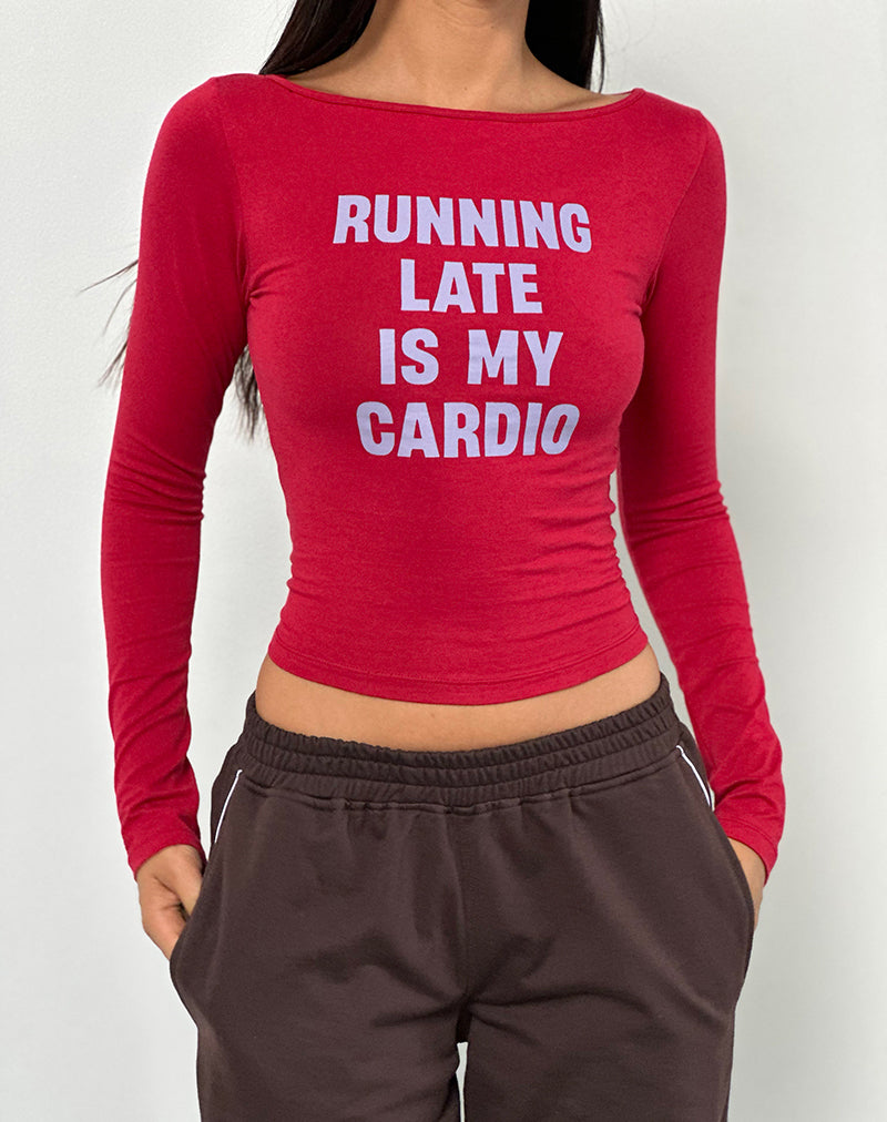 Amabon Long Sleeve Top in Adrenaline Red with Running Late Slogan-Nico Sky