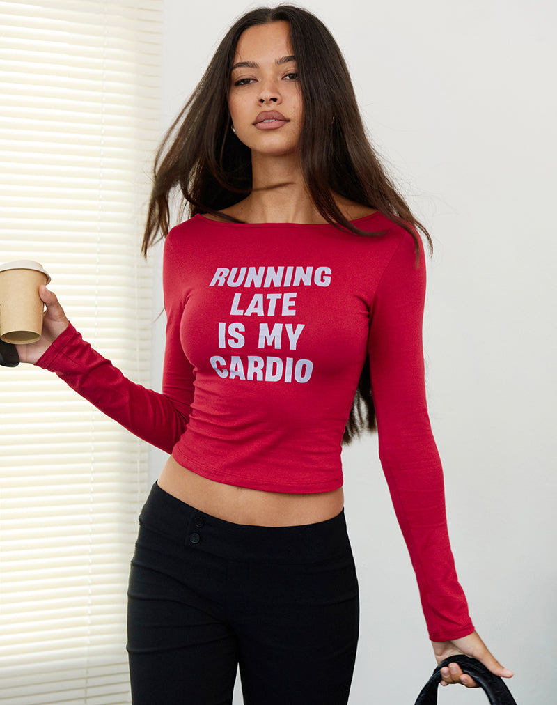 Amabon Long Sleeve Top in Adrenaline Red with Running Late Slogan-Nico Sky
