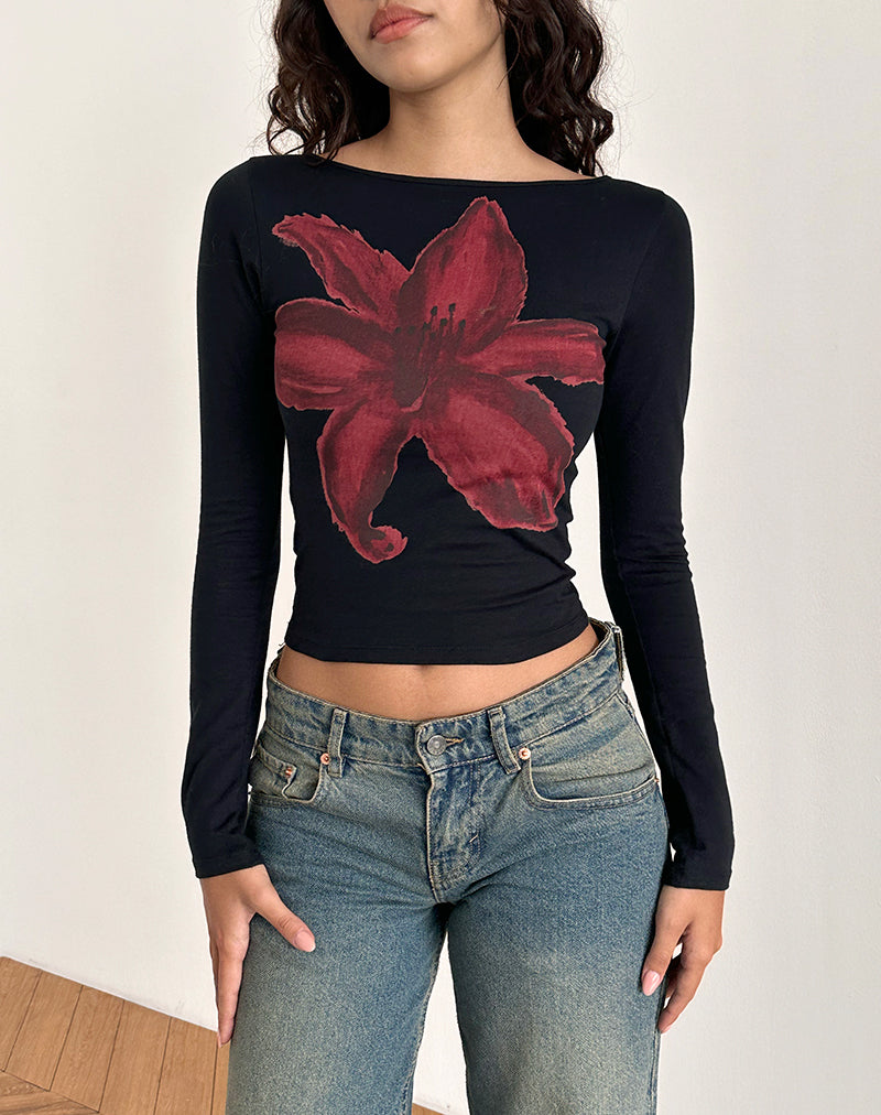 Amabon Long Sleeve Top in Black with Burgundy Painted Flower-Nico Sky