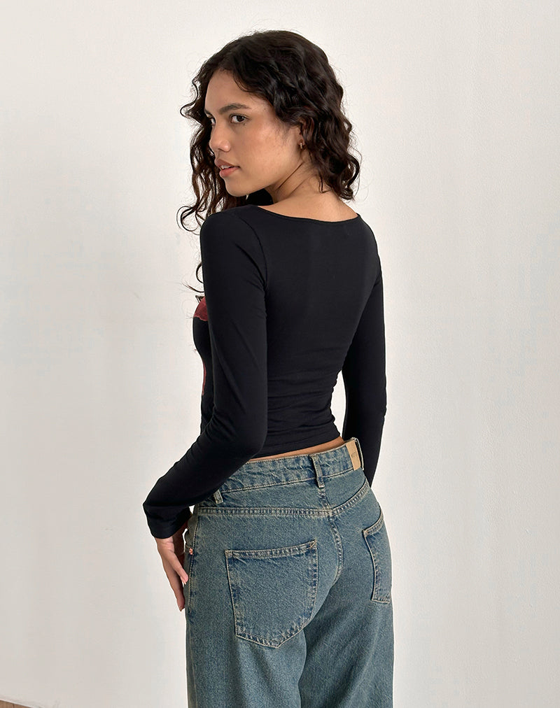 Amabon Long Sleeve Top in Black with Burgundy Painted Flower-Nico Sky