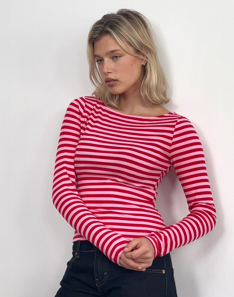 Amabon Top in Pink and Red Stripe-Nico Sky