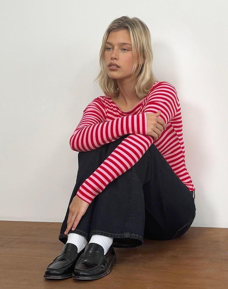 Amabon Top in Pink and Red Stripe-Nico Sky