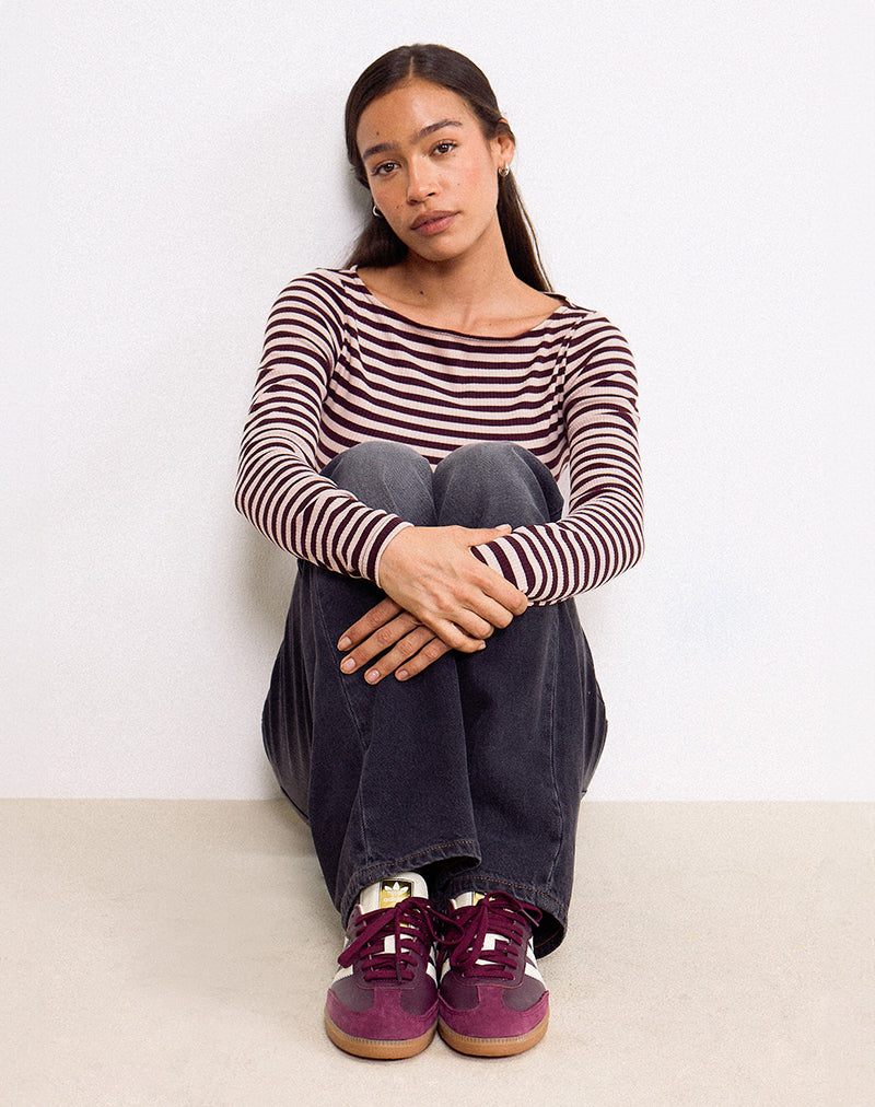 Amabon Long Sleeve Top in Tonal Brown Stripe-Nico Sky