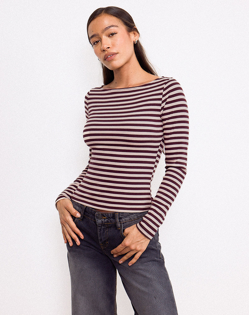 Amabon Long Sleeve Top in Tonal Brown Stripe-Nico Sky