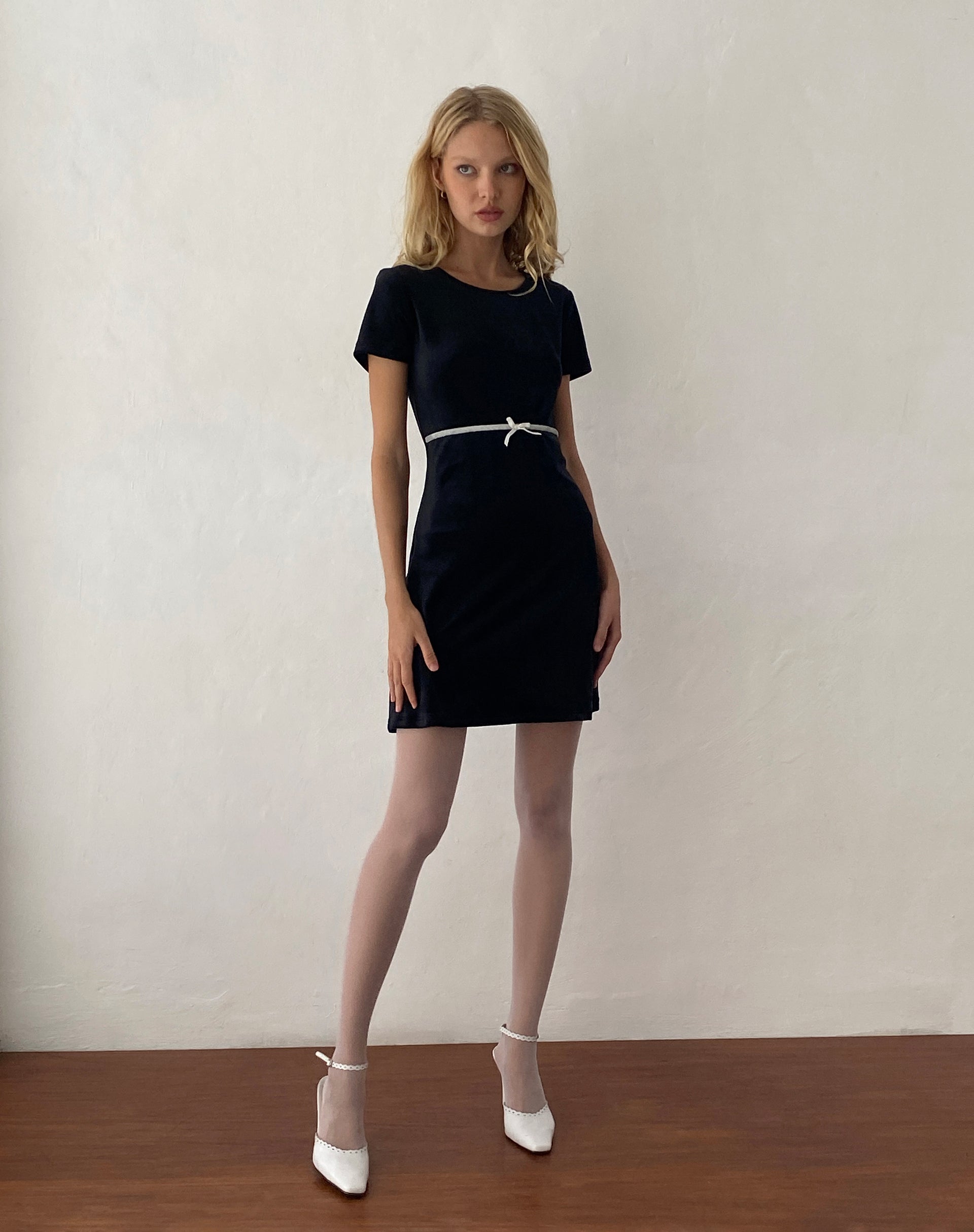 Amanda Mini Dress in Black Velvet with White Trim and Bow-Nico Sky