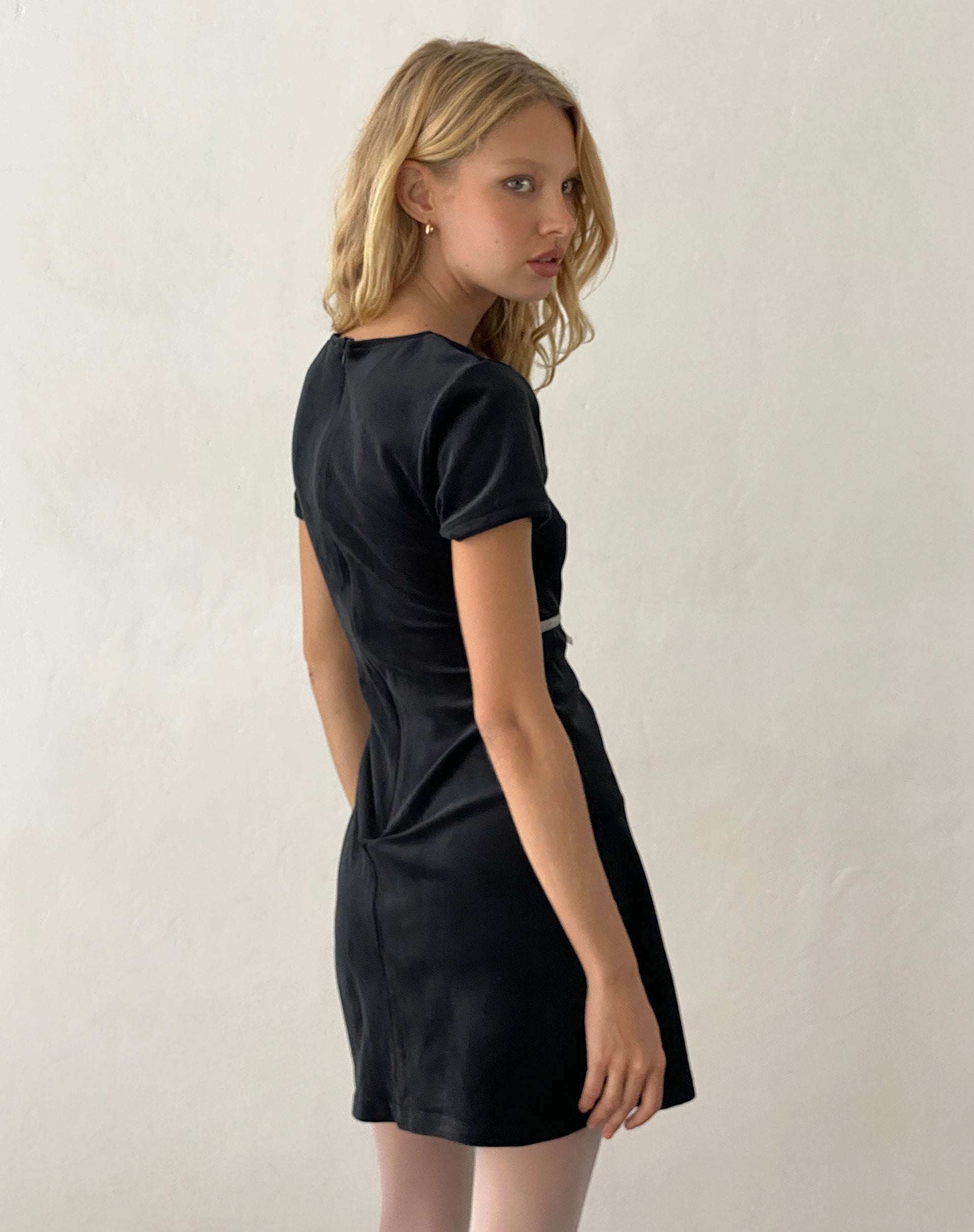 Amanda Mini Dress in Black Velvet with White Trim and Bow-Nico Sky