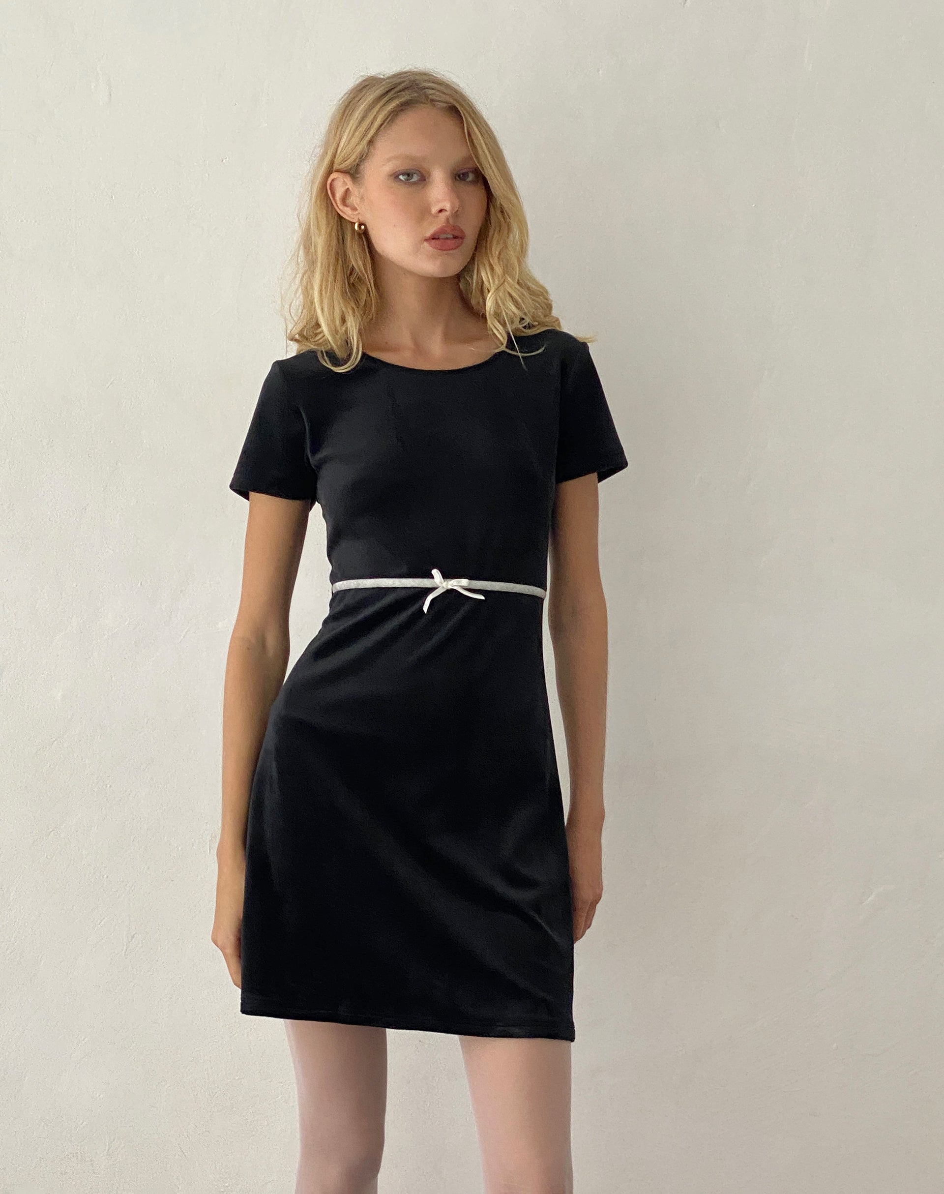 Amanda Mini Dress in Black Velvet with White Trim and Bow-Nico Sky