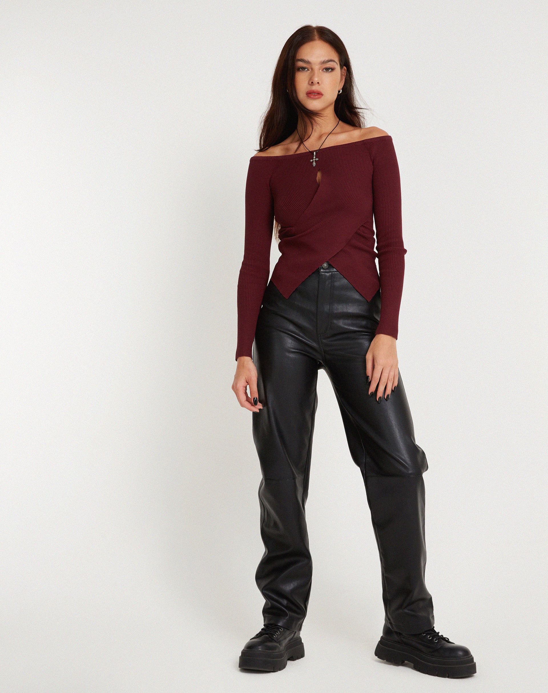 Amandari Bardot Long Sleeve Top in Marron-Nico Sky