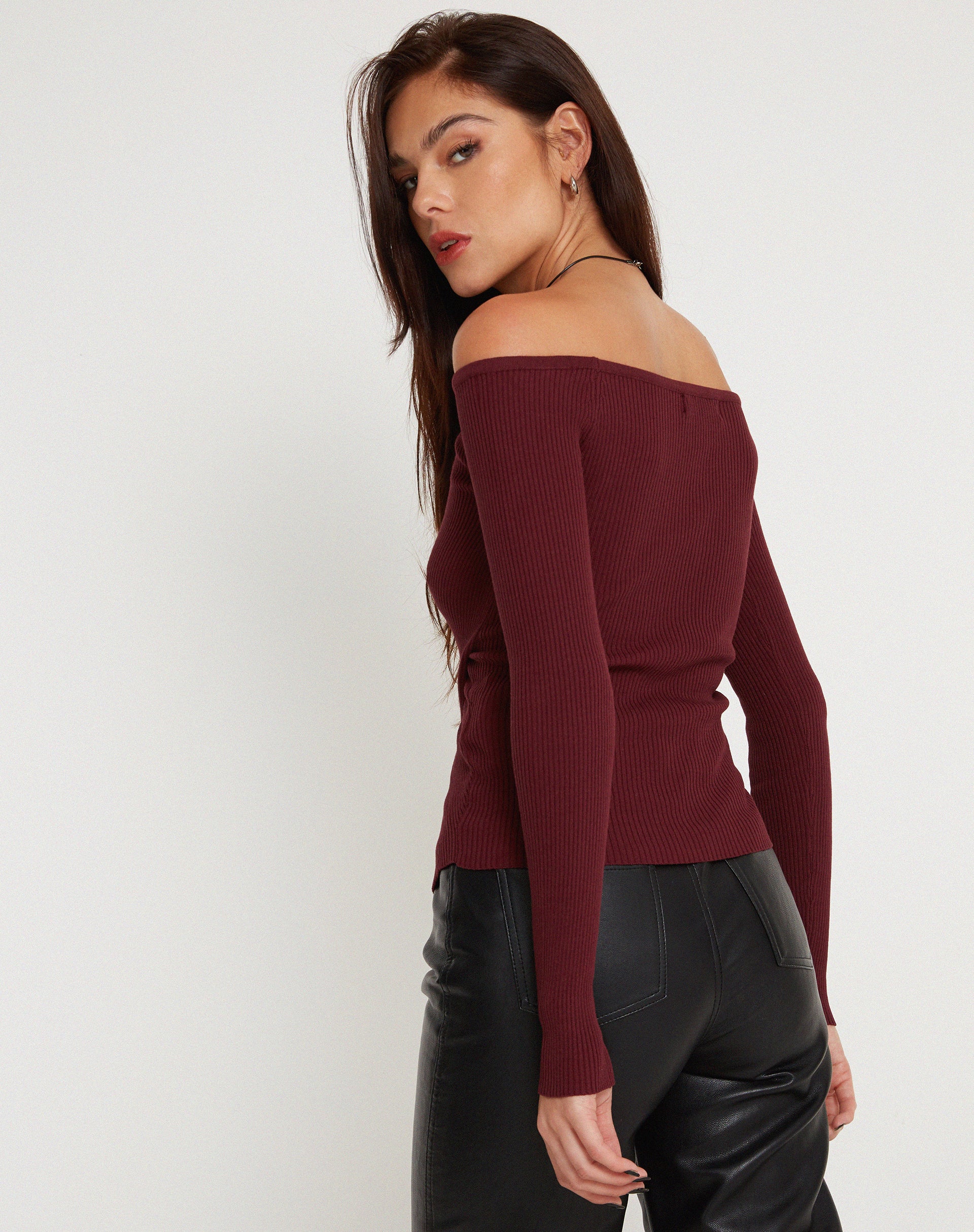 Amandari Bardot Long Sleeve Top in Marron-Nico Sky