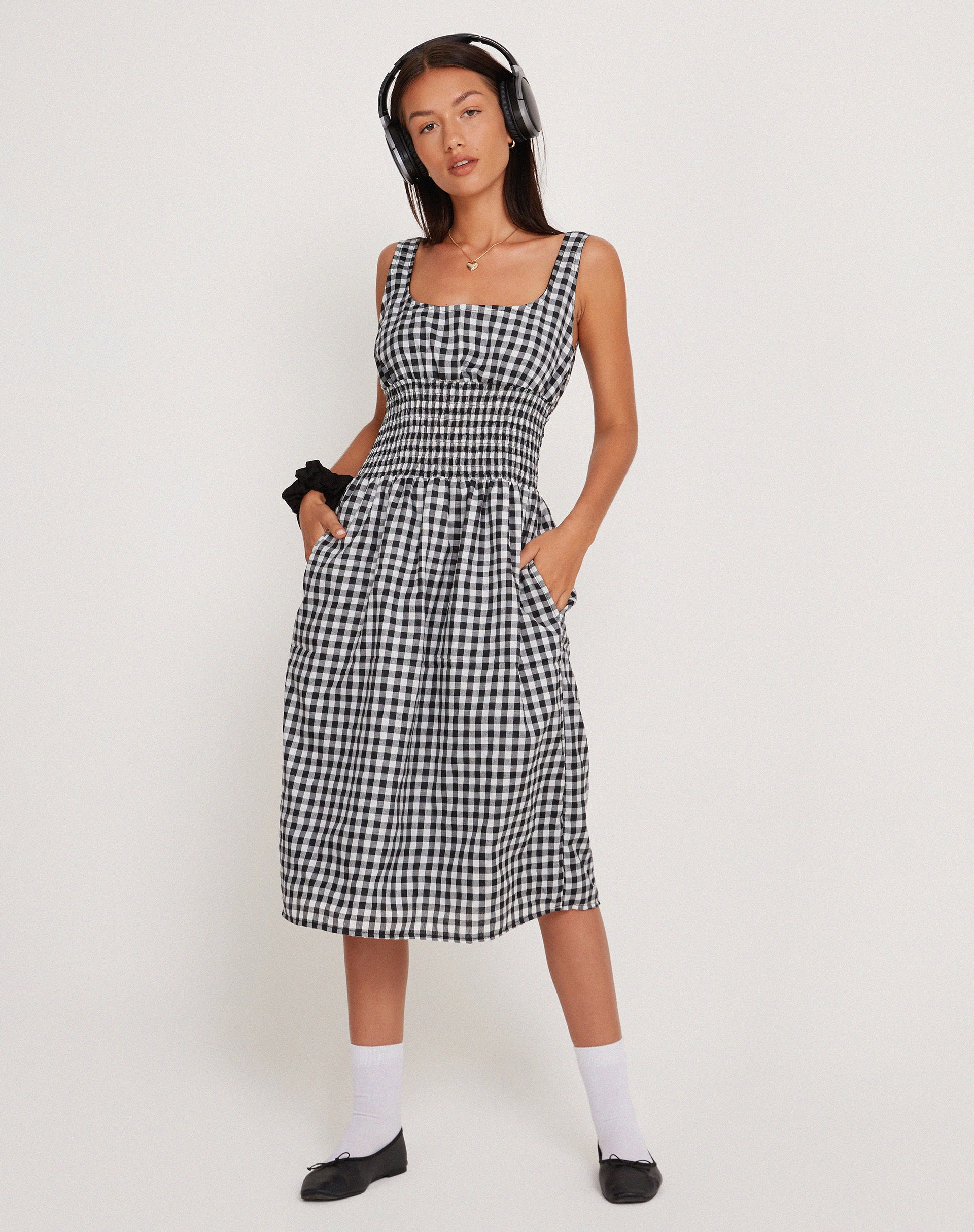 Ambrose Midi Dress in Black and White Gingham-Nico Sky