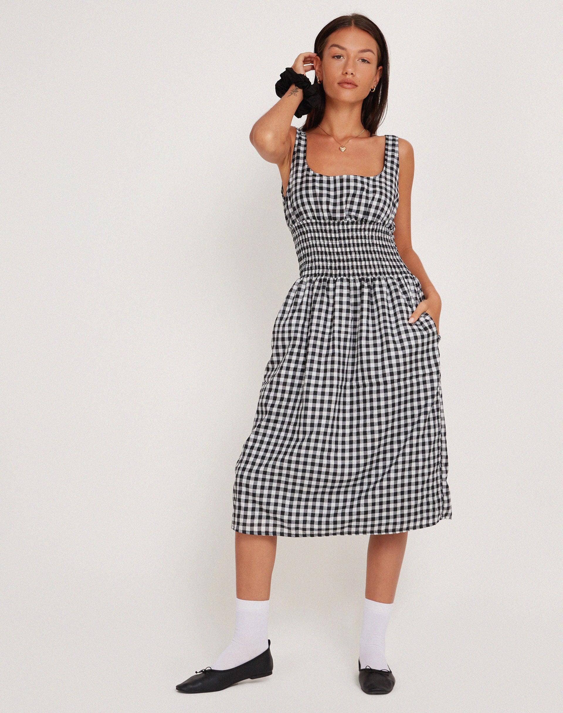 Ambrose Midi Dress in Black and White Gingham-Nico Sky